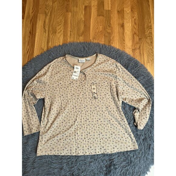Vintage Basic Editions Beige Leaf Print Cotton Long Sleeve Henley Top 2X NWT - Picture 1 of 7